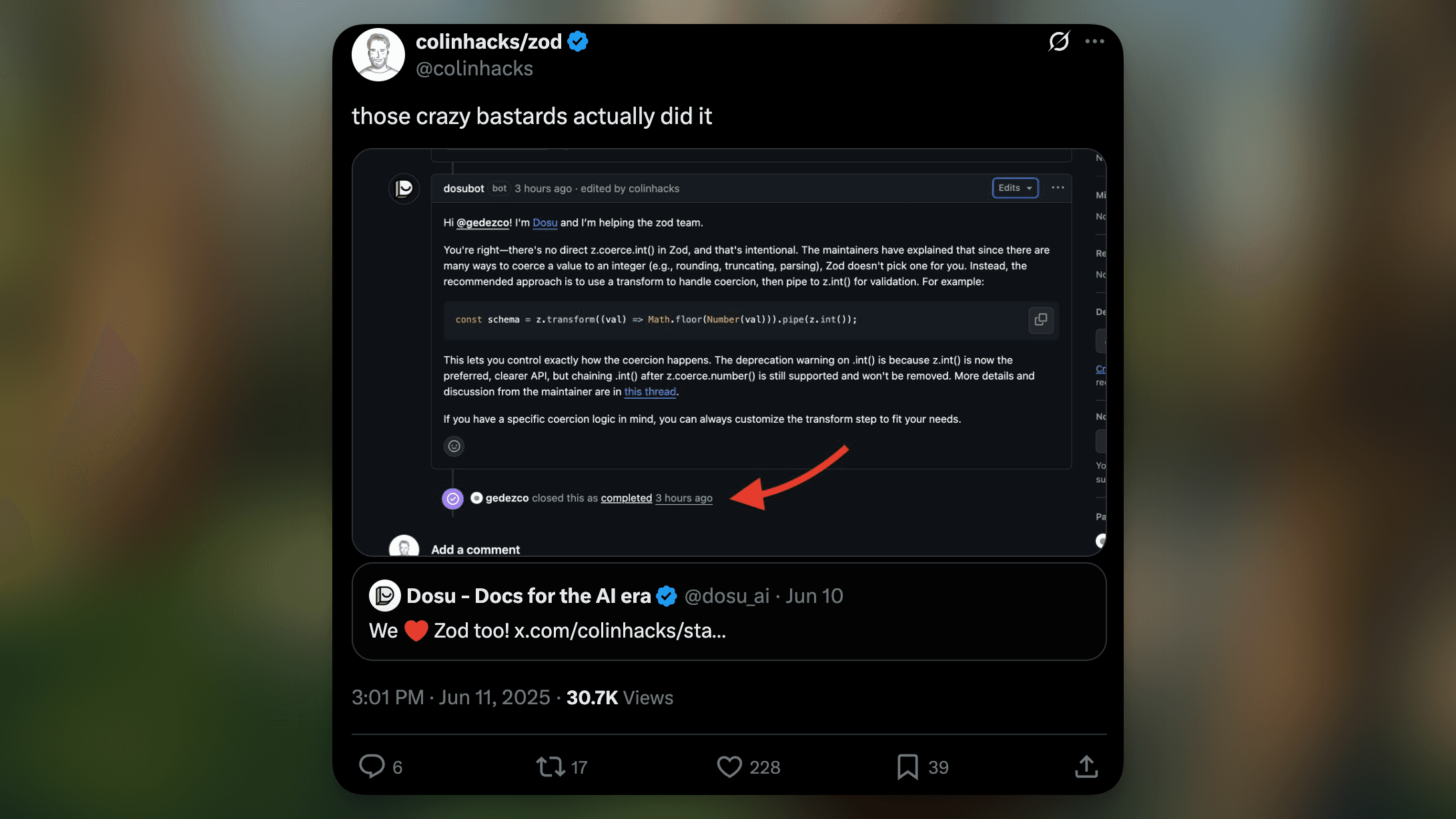 Zod Maintainer says crazy bastards at Dosu actually did it