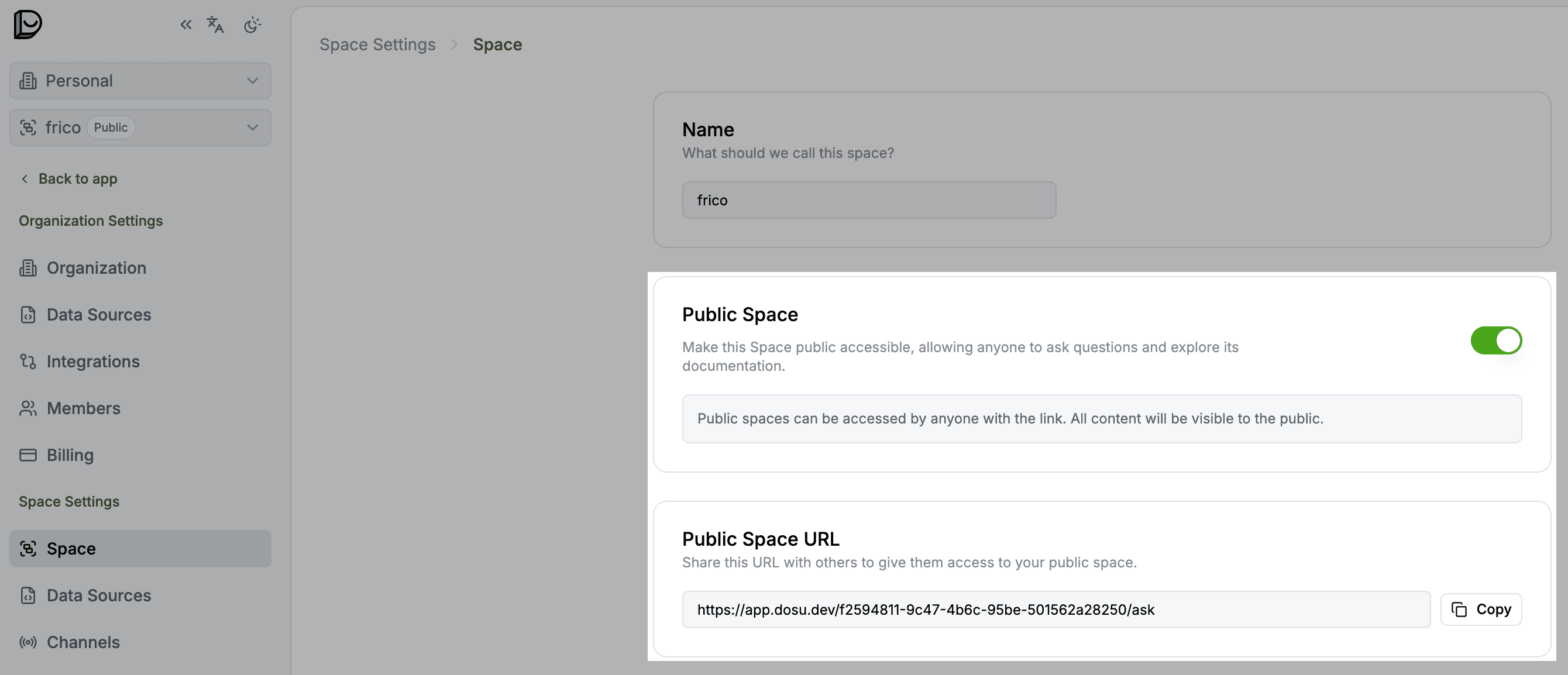 Use the Space Settings page to find a shareable link to your Public Space