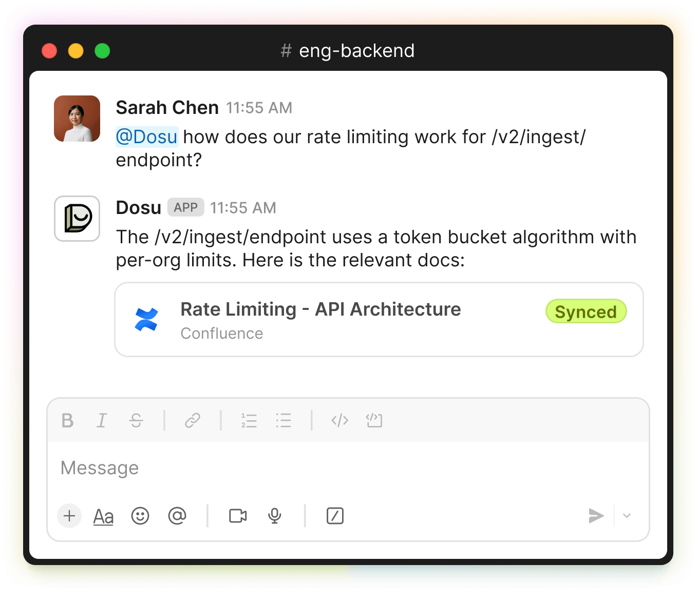 Slack conversation UI showing Dosu answering a documentation question