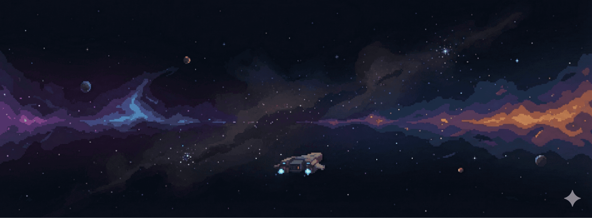 Pixel art space landscape with vehicle on barren planet surface with colorful nebula sky