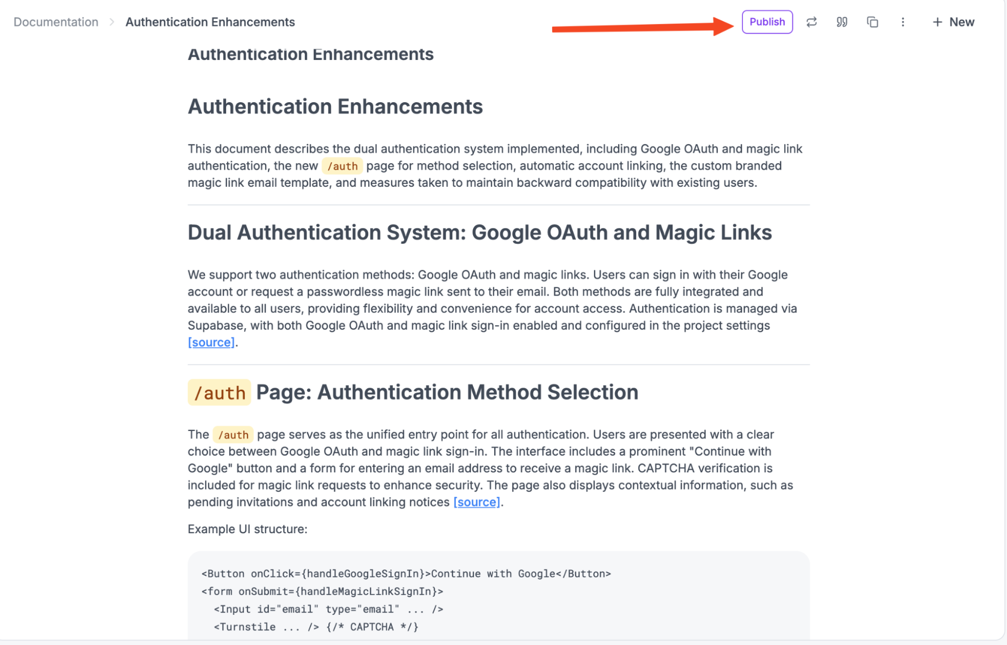 Docs after being generated showing the publish button