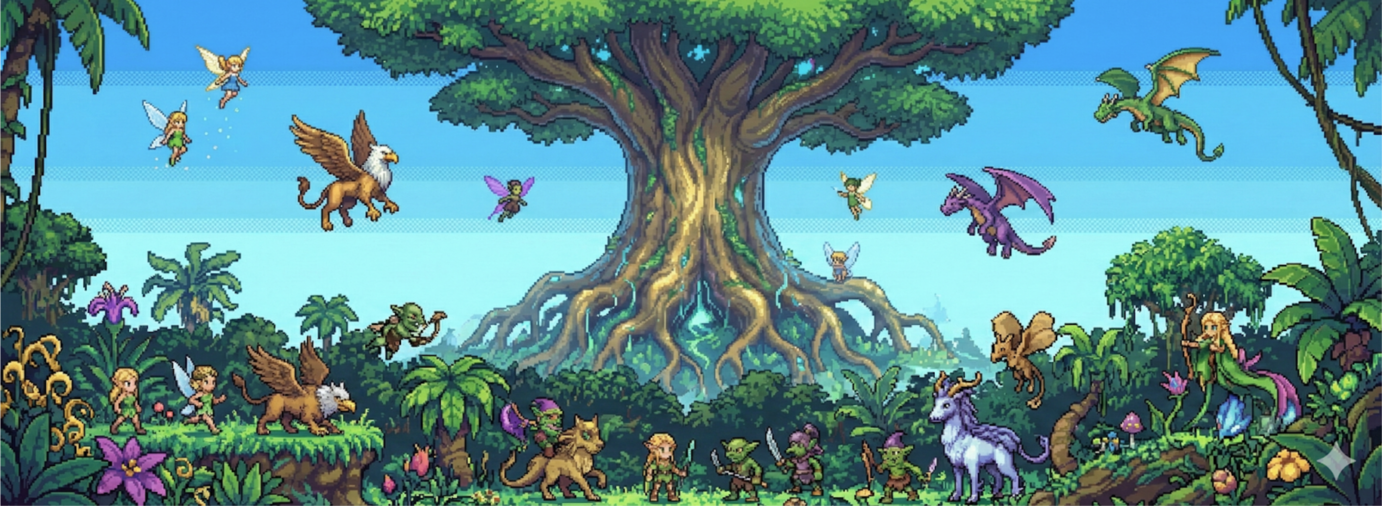 Fantasy tree and creatures representing a coding agent's knowledge base
