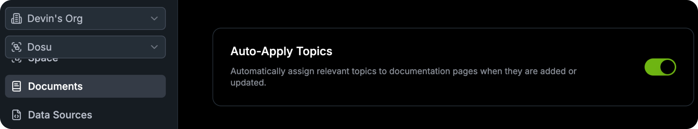 The new Documents Settings menu, with a toggle for Auto-Apply Topics