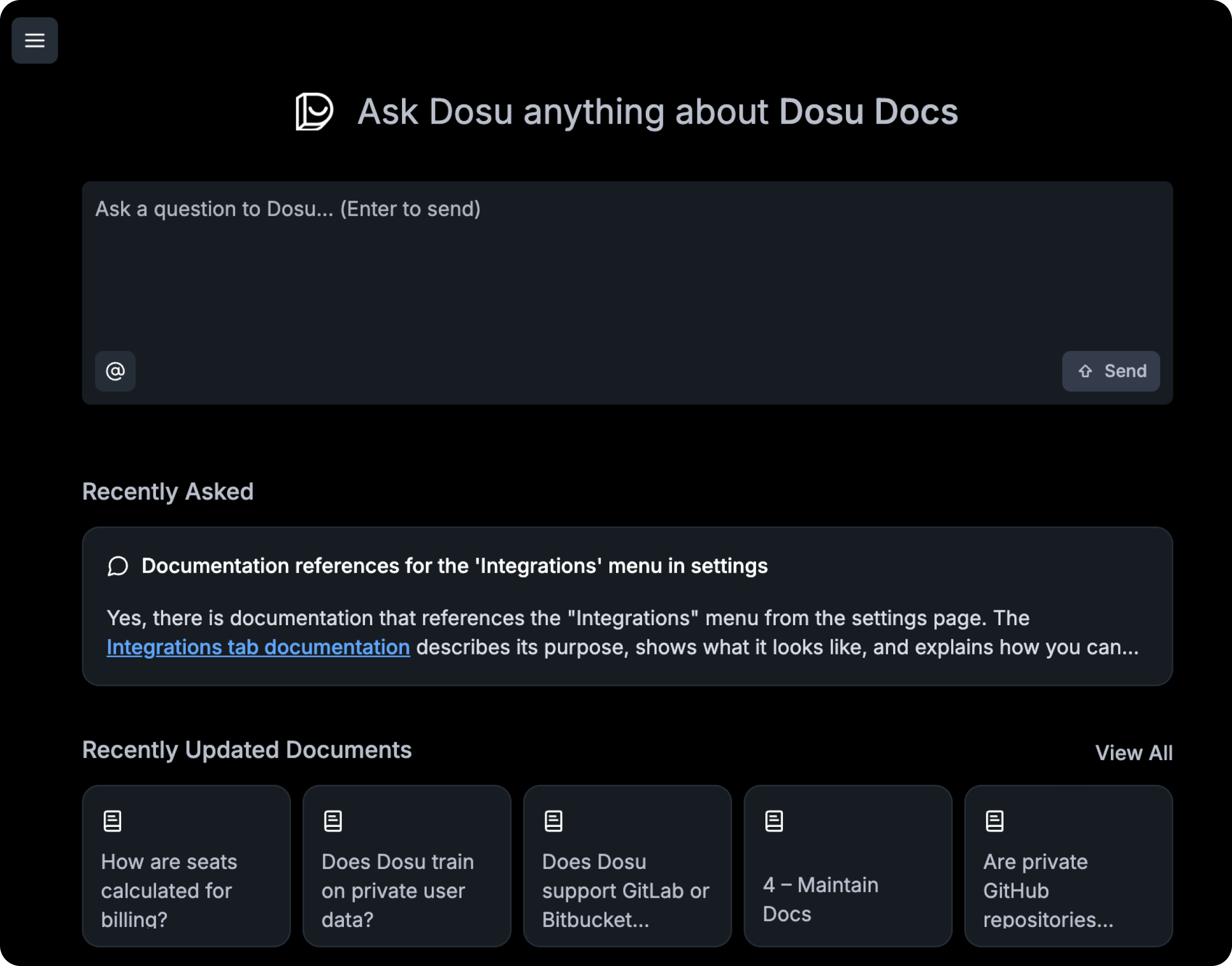 The new home page with Ask Dosu, Recently Asked, and Recently Updated Documents