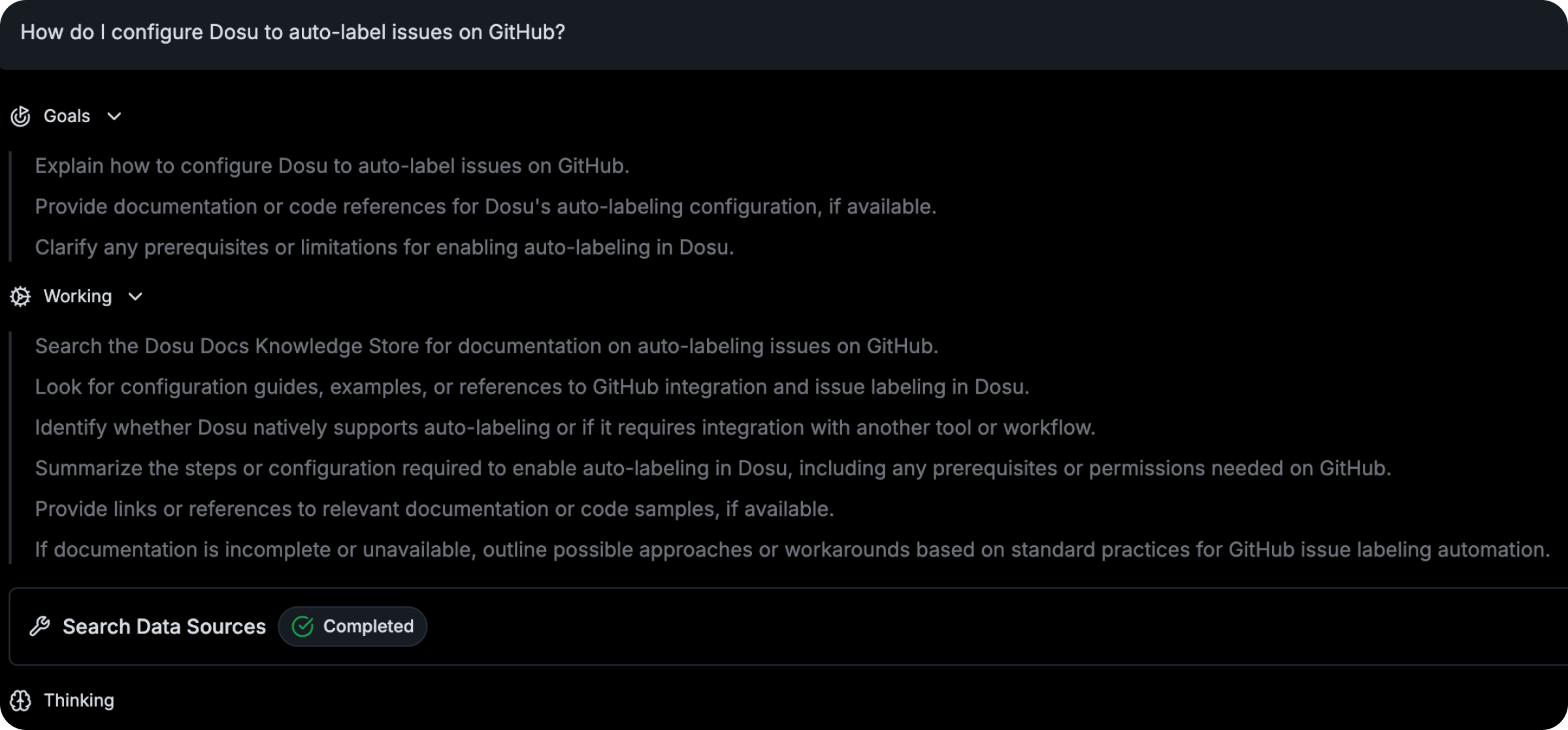 Dosu showing its goals, plan, and current research step while generating an answer