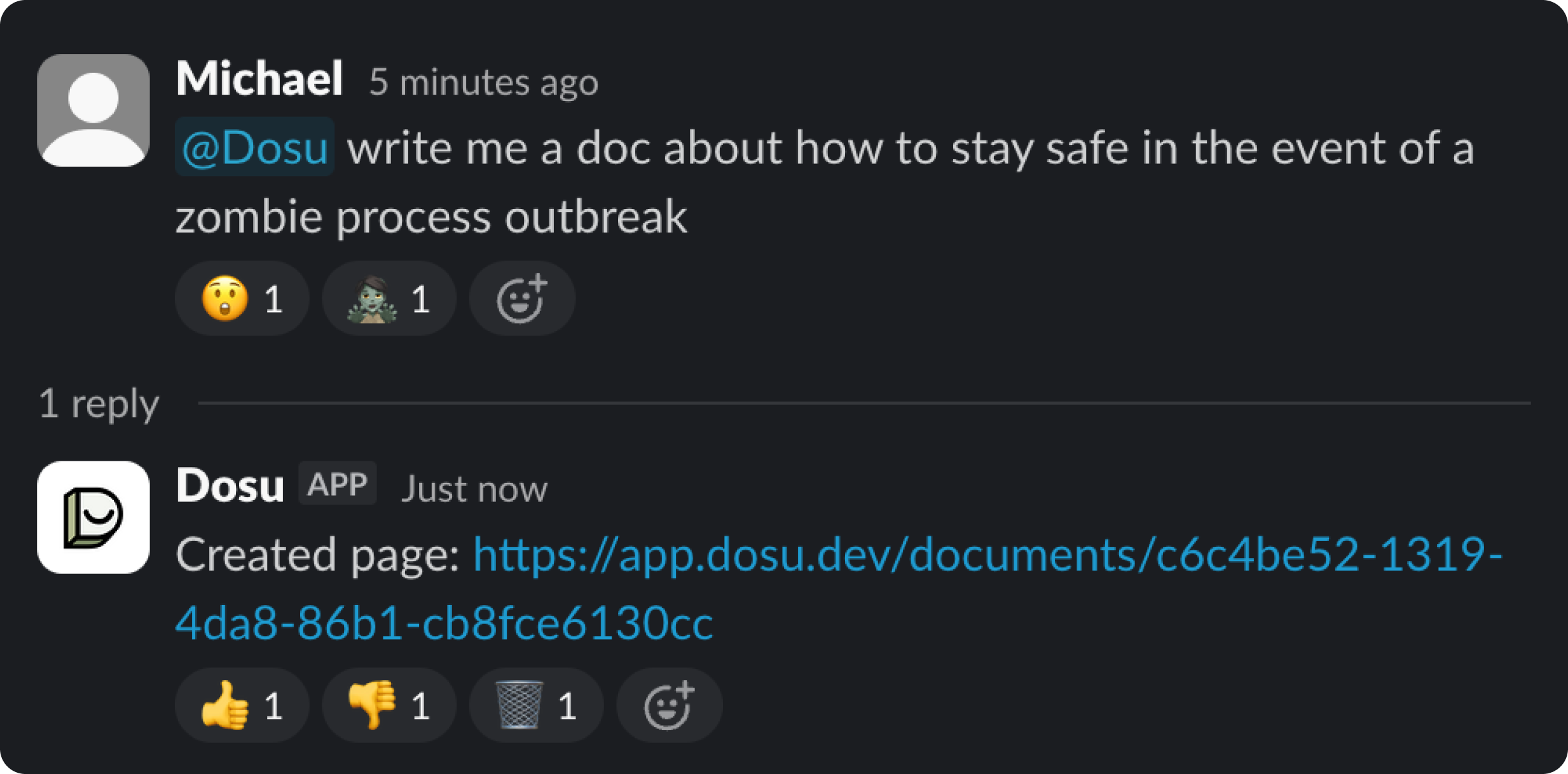 A Slack conversation where Dosu creates a document on demand
