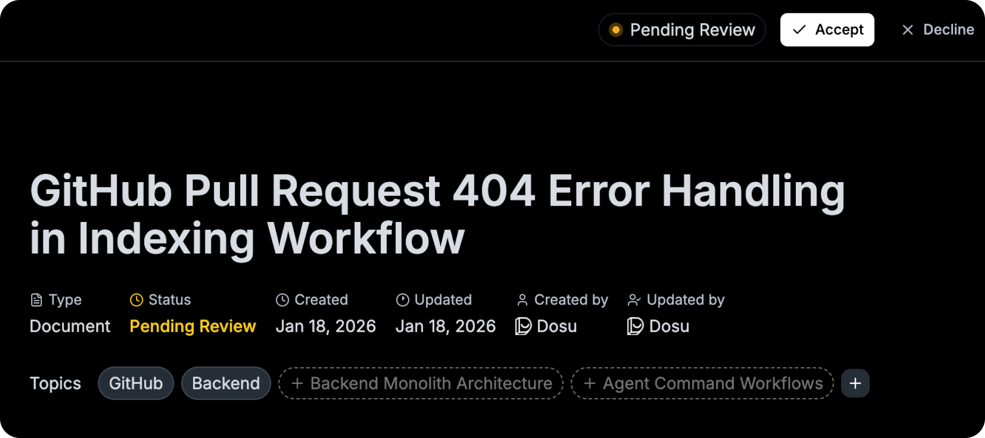 The Dosu Review page showing the option to Accept or Decline a pending update