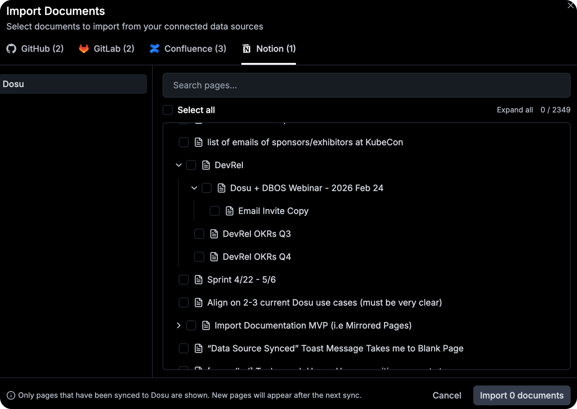 The Dosu Import menu showing pages being synced with Notion