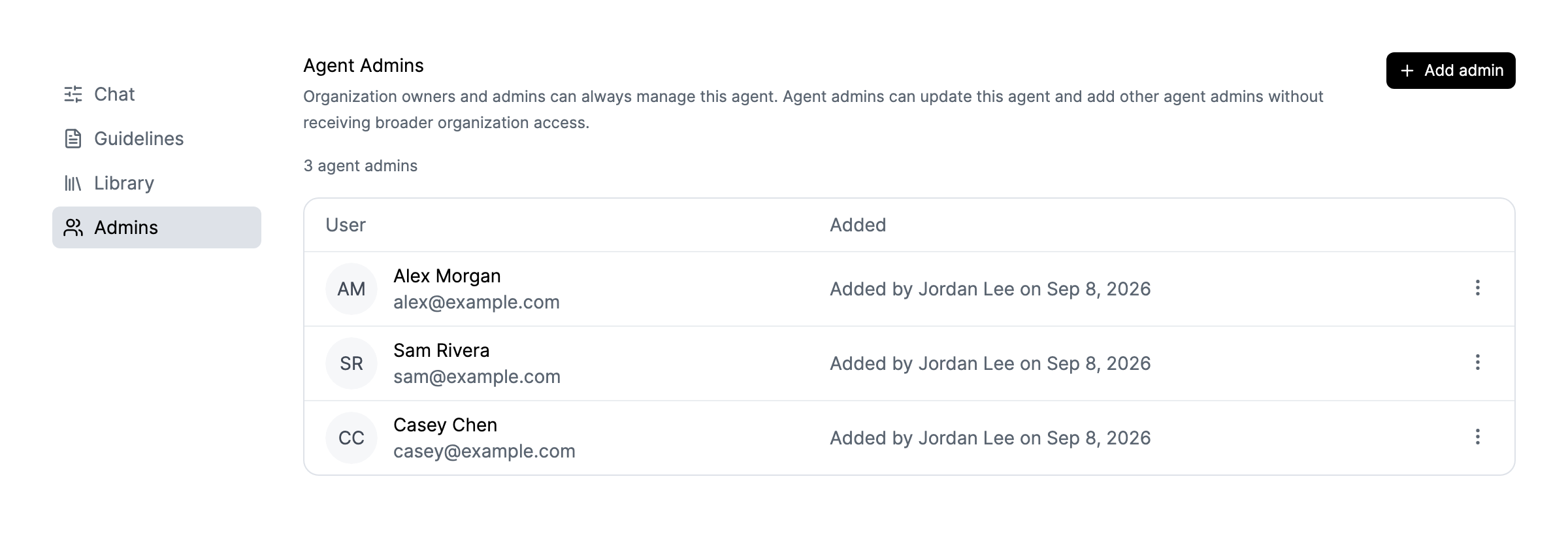 The Agent Admins tab with three teammates and an Add admin button.