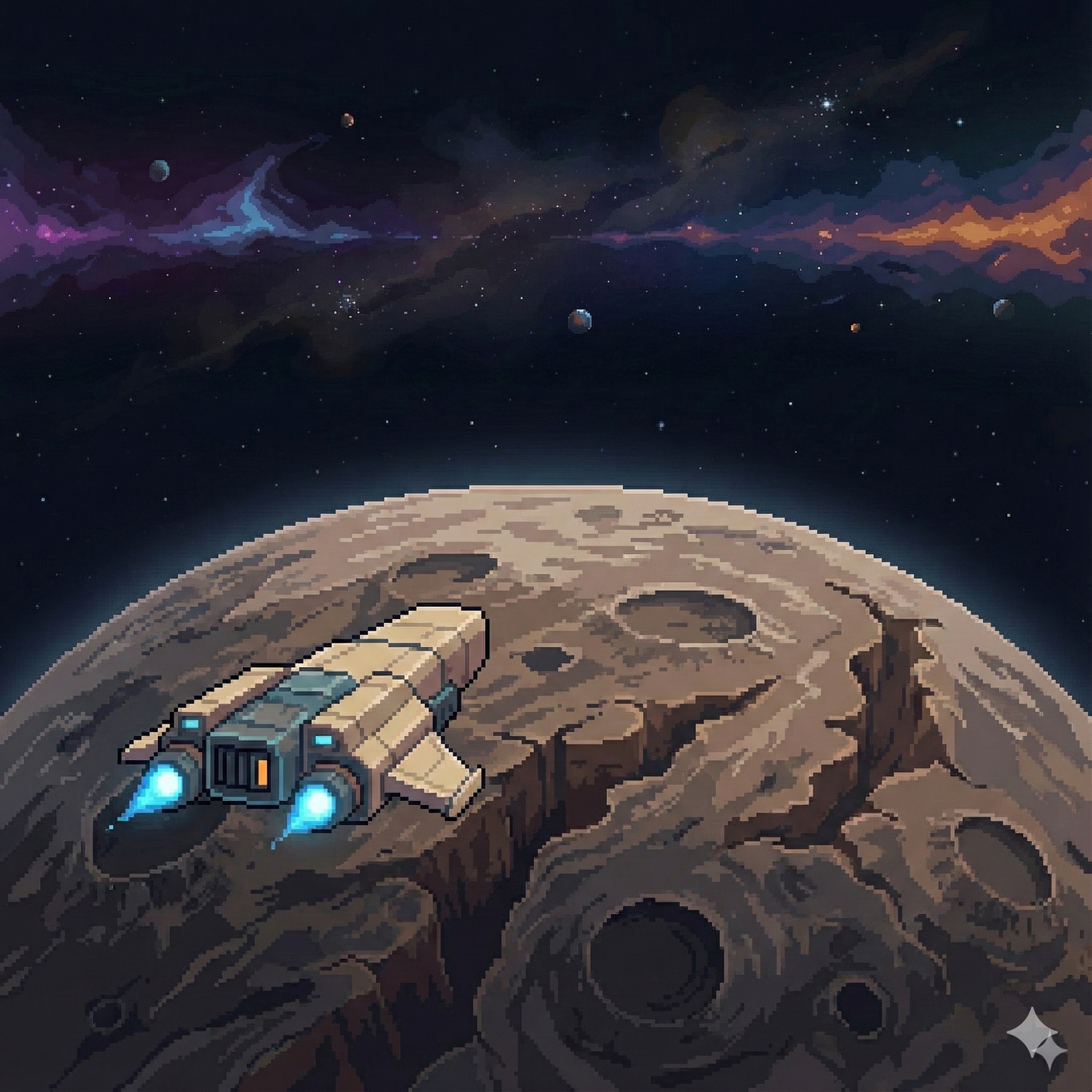 Pixel art spaceship traveling through deep space nebula